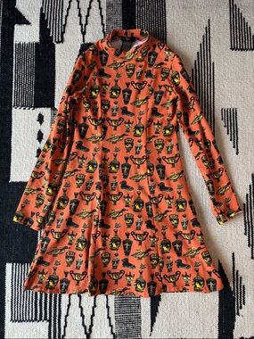 Nooworks Orange & Black Patterned Long Sleeve A-Line Dress